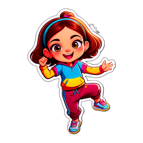 Kreslená postava Denisy Pfauserové tančící ve sportovním oblečení