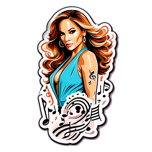 Egy elegáns matrica Jennifer Lopez-szal, ikonikus zenei jegyekkel körülvéve