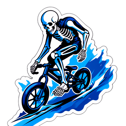 Skeleton på cykel ned ad en stejl skrænt