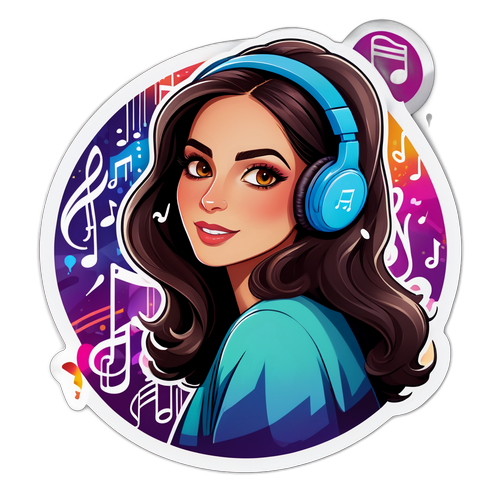 סטיקר עיצוב featuring Hila Harush עם סגנון החתימה שלה, מוקפת בתווי מוסיקה ואורות צבעוניים