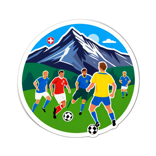 Peisaj montan din Elveția cu echipa de fotbal suedeză