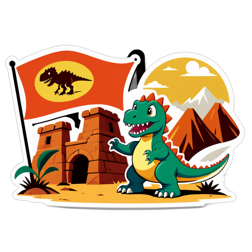 小恐龍揮舞冒險旗的貼紙