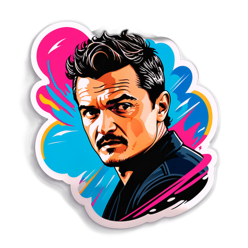 En klistermärke av Orlando Bloom i en spännande actionscen