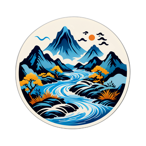 水与山河智慧的传统水墨画风格贴纸