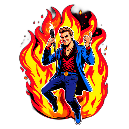 David Stypka jako superstar na scéně s ohnivými efekty