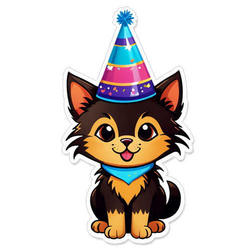 Design fofo de gato com chapéu de festa e a frase 'Feliz Ano Novo 2025, Amigo!'