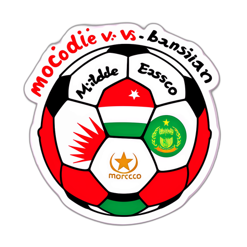 Kleurrijke sticker van een voetbal met 'Marokko vs Bahrein' en 'Midden-Oosten passie'