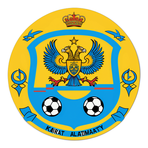 Ein dynamisches Abbild des Wappens von Kairat Almaty, umgeben von Fußball-Szenen