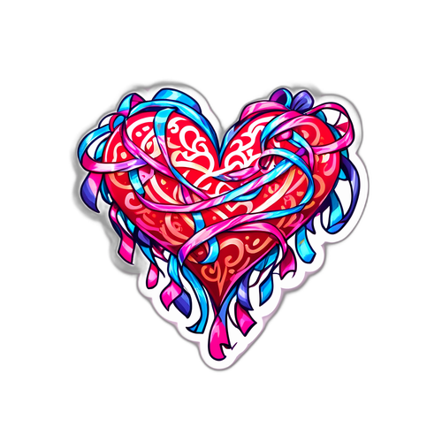 Дизайн наклейки з самотніми серцями, об wrapped in streamers, натхненний 'новою любов' із атмосферою романтики