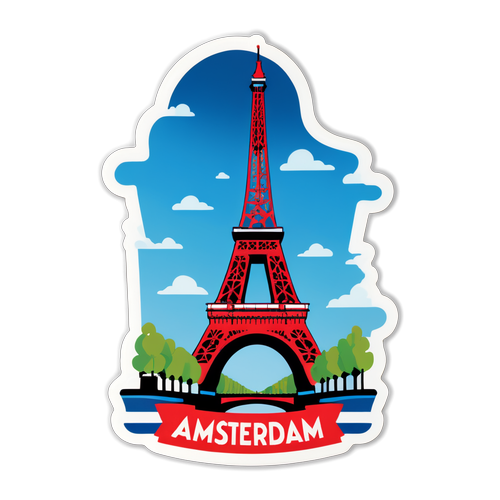 Sticker met een symboliek van de Eiffeltoren van Amsterdam en het Top 2000-logo