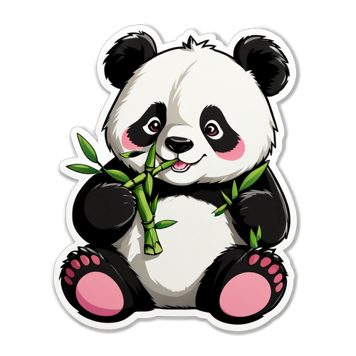 Adorable Blushing Panda Eating Bamboo Sticker