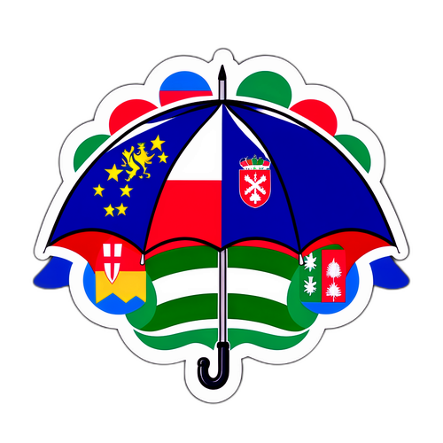 Színes elnöki esernyő Szlovénia zászlajával, Magyarországi szimbólumokkal a háttérben