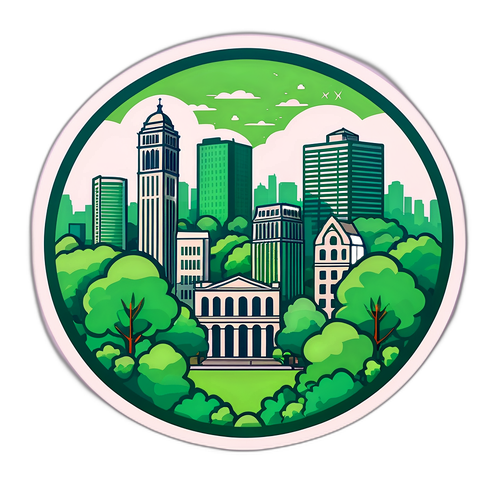Наклейка с характерными зданиями Бостона, окруженными зеленью