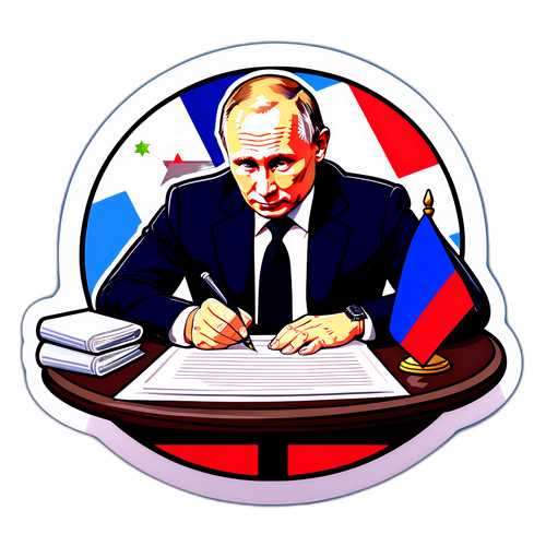 Яркий стикер с Владимиром Путиным, подписывающим закон