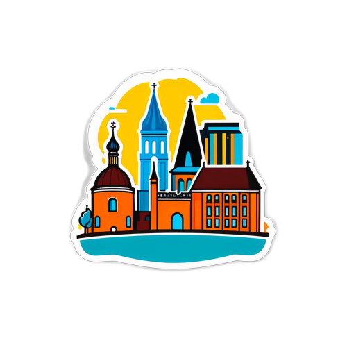 Сучасний піктограм Броварів з стилізованими будівлями та історичними пам'ятками