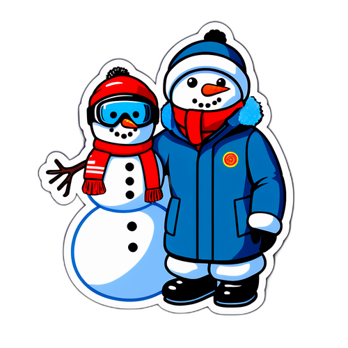 גבר במעיל חורף ומשקפי סקי עם איש שלג