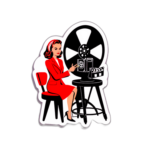 Elegancki sticker Katarzyny Figury z klasycznym filmowym reel i fotelem reżysera