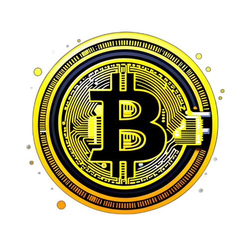 סטיקר מודרני של ביטקוין עם מטבע זהב ורקע מעגלי דיגיטלי