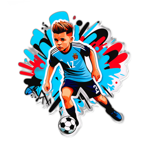 Design stylisé de Cruz Beckham jouant au football, entouré de graffiti modernes
