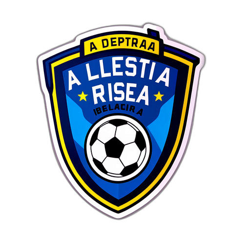 Escudo de Deportivo Riestra con el fondo de un campo de fútbol y el lema "Siempre de Pie"