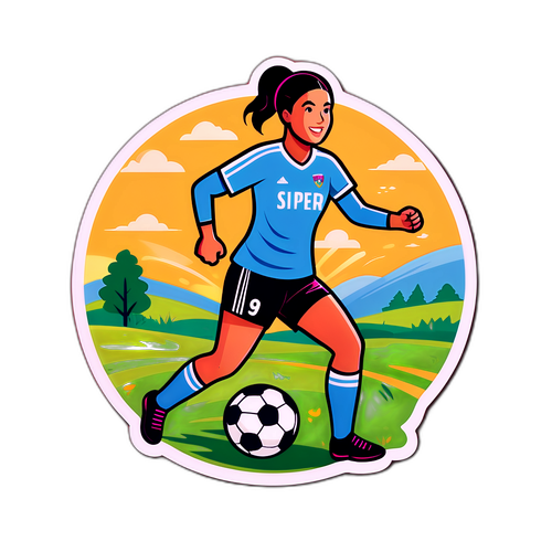Ilustración de una mujer jugando al fútbol en un campo rural