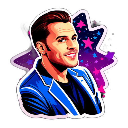 Sticker cu Stefan Banica Jr. pe fundal stelar