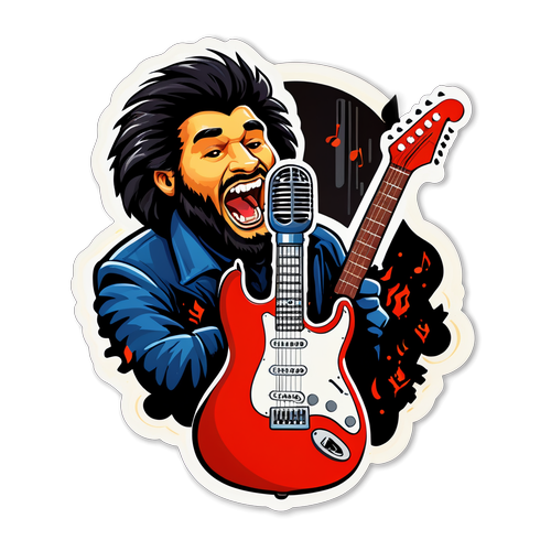 Diseño de sticker con micrófono y guitarra, homenaje a Leo Dan