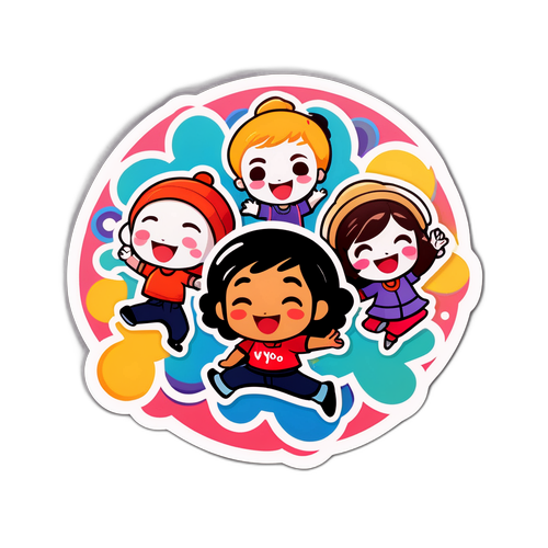 Sticker jucăuș cu logo Voyo și personaje dansând