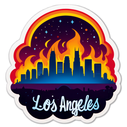 Design eines Aufklebers mit stylisiertem Feuereffekt und der Skyline von Los Angeles bei Nacht