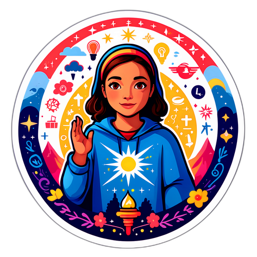 Autocollant inspirant de Maddy entourée de lumière et de symboles d'espoir