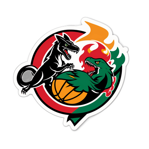 Stiker yang Menyoroti Logo Raptors dan Celtics dengan Bola Basket