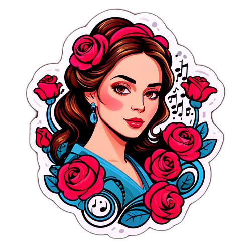 Design d'une étiquette avec un portrait stylisé de Sofia Morgavi entouré de roses et de notes de musique