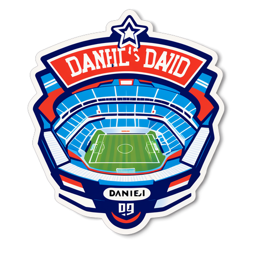 Ilustrație vibrantă a unui stadion plin de fani, reprezentând echipa lui Daniel David. Text: 'Daniel David - Legendă în ascensiune!'
