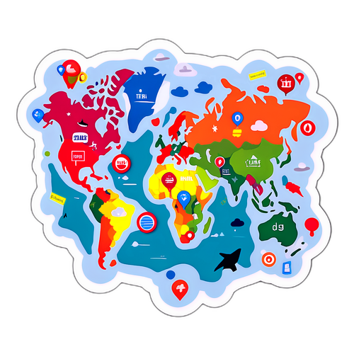 Opvallende sticker van een wereldkaart met pins die belangrijke nieuwsitems markeren