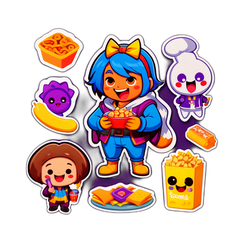 สติกเกอร์การ์ตูนตัวละครในชุด Twitch กำลังเล่นเกมและทานขนม