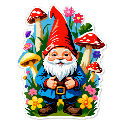 Whimsical Garden Gnome Surrounded by Mushrooms and Flowers Sticker