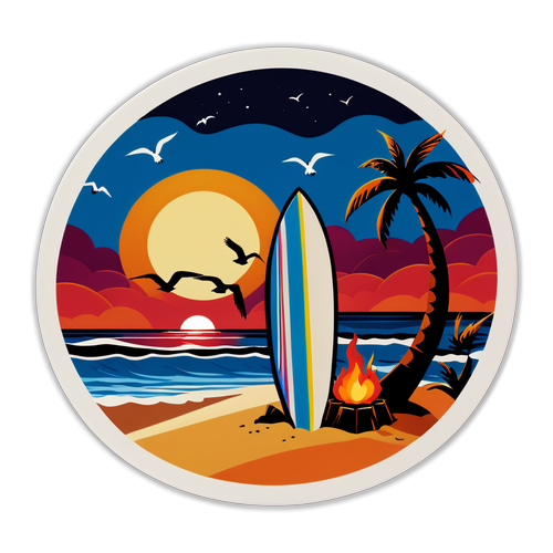 Beach Sunset Scene with Surfboards, Seagulls, and Bonfire
