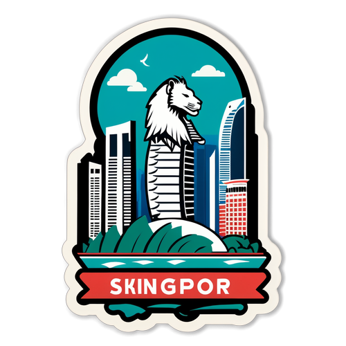 Ilustrace slavné mrakodrapu Singapuru s nápisy 'Vítejte v Singapuru' a ikonami symbolizujícími město, jako je Merlion