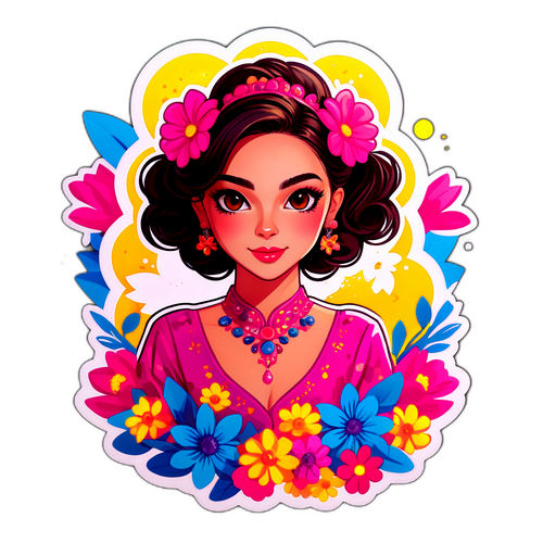 Diseño de Zaira Nara en pose elegante, rodeada de flores