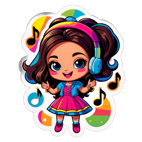 דמות מהנה בהשראת הזמרת אהובתי, עם תווים מוזיקליים וצבעים חיים