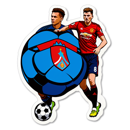 Diseño que representa a los jugadores del Manchester United y Viktoria Plzeň con un balón gigante entre ellos