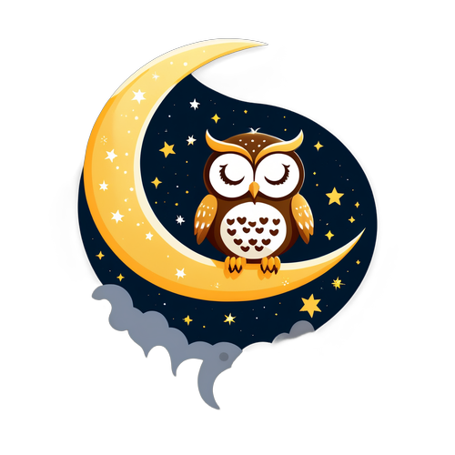 Sleepy Owl on Crescent Moon Sticker