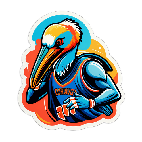 Desenho estilizado de um jogador mascarado do Pelicans em ação