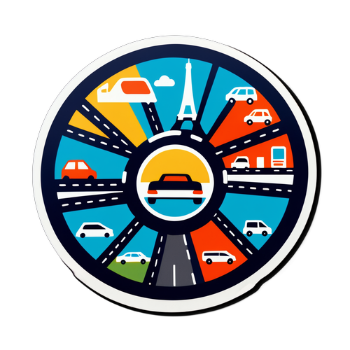 Sticker illustrant le périphérique parisien avec des véhicules emblématiques