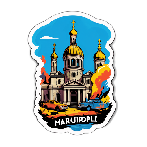 Стикер с панорамой разрушенного Мариуполя с надеждой на восстановление и мир