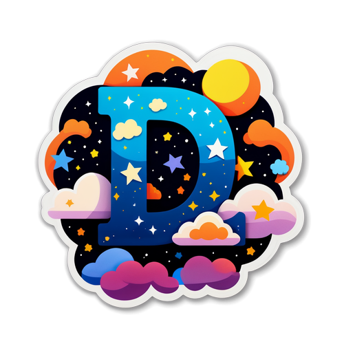 Masiglang Sticker na 'D' na may mga Cartoon na Bituin at Ulap