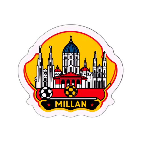 Farverig sticker med Milanos skyline og fodboldsymboler