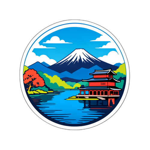 滋賀県の美しい湖と歴史的建物のステッカーデザイン