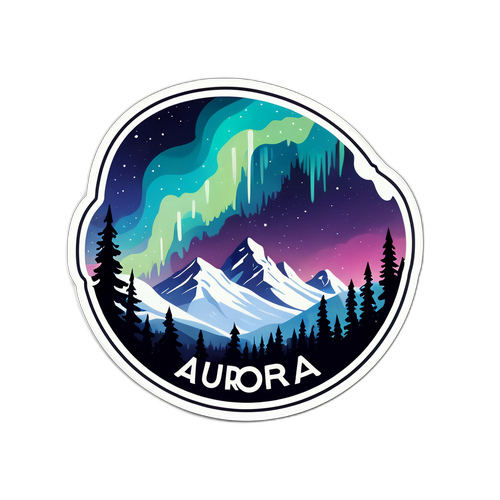 Design nálepky s kouzelnou polární září nad zasněženou krajinou