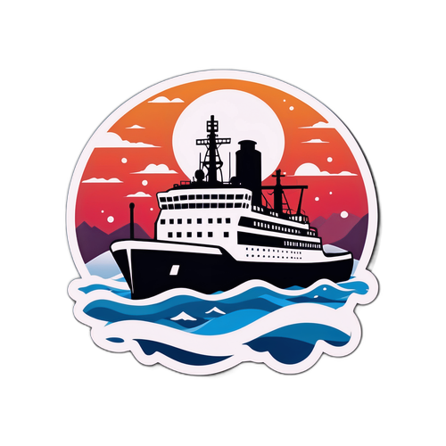 Darstellung eines Eisbrecher-Schiffs in einer kalten, dramatischen Umgebung auf dem Wasser